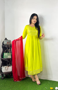Thumbnail for NOZ2TOZ Women Party Wear Printed Rayon Kurta With Pant And Dupatta Set - Parrot Green