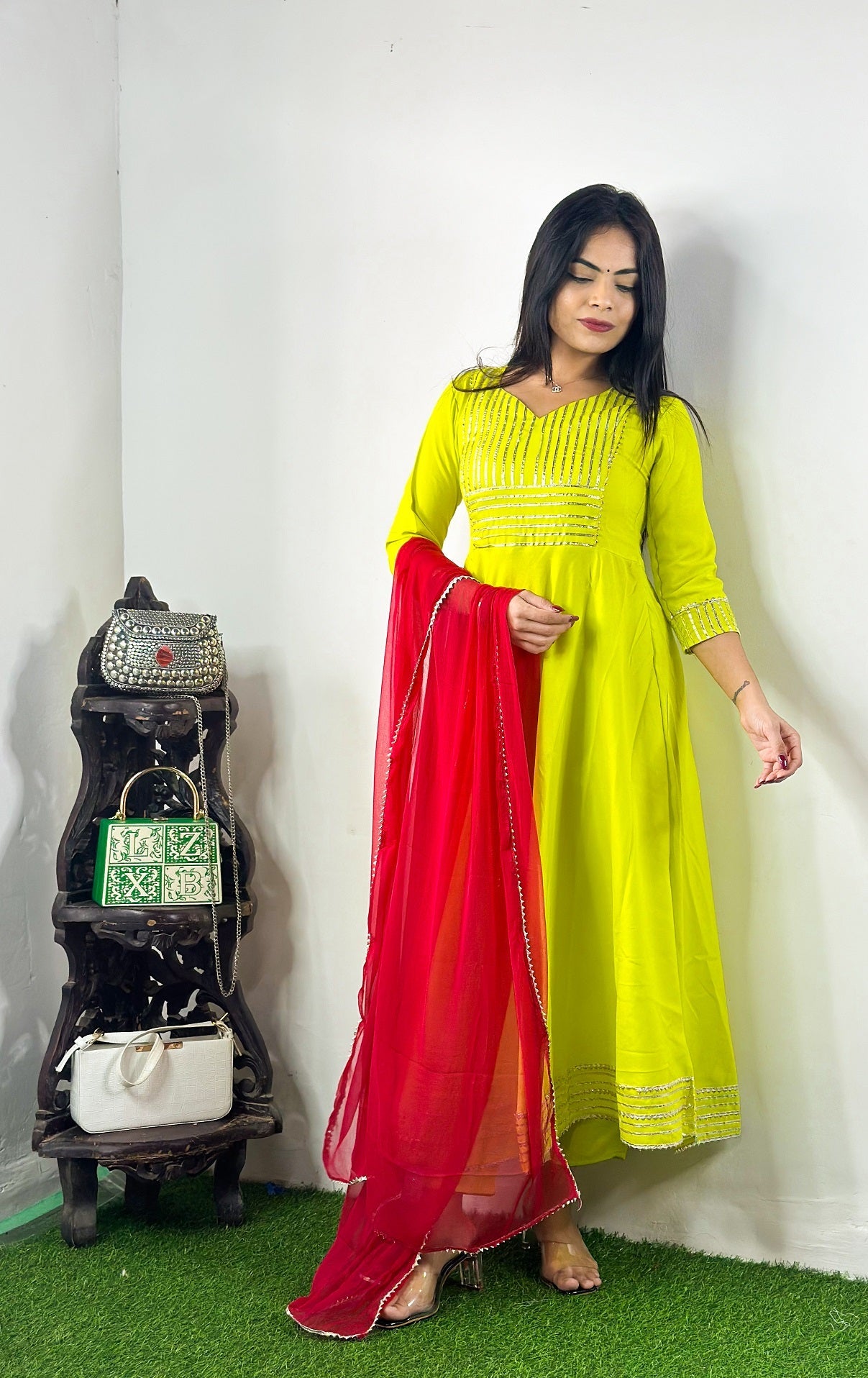 NOZ2TOZ Women Party Wear Printed Rayon Kurta With Pant And Dupatta Set - Parrot Green