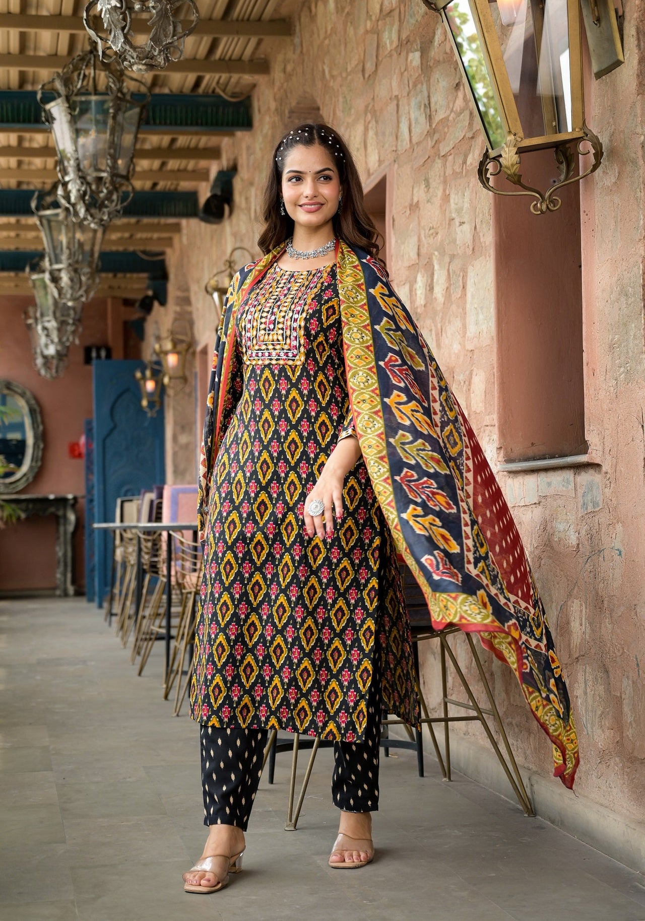 Lyush Women Party Wear Flower Printed Kurta With Pant And Dupatta Set - Black