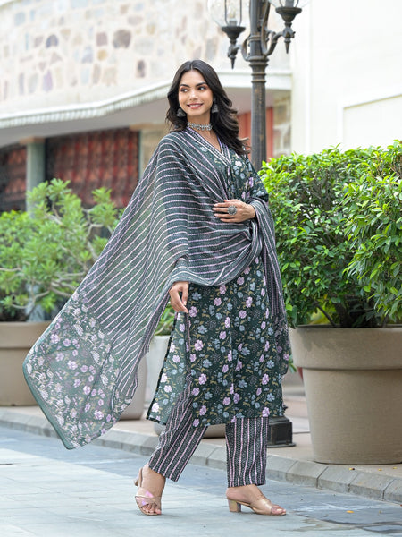 Lyush Women Party Wear Flower Printed Kurta With Pant And Dupatta Set - Green