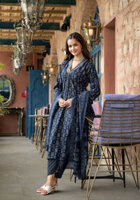 Thumbnail for Lyush Women Party Wear Flower Printed Kurta With Pant And Dupatta Set - Navy Blue