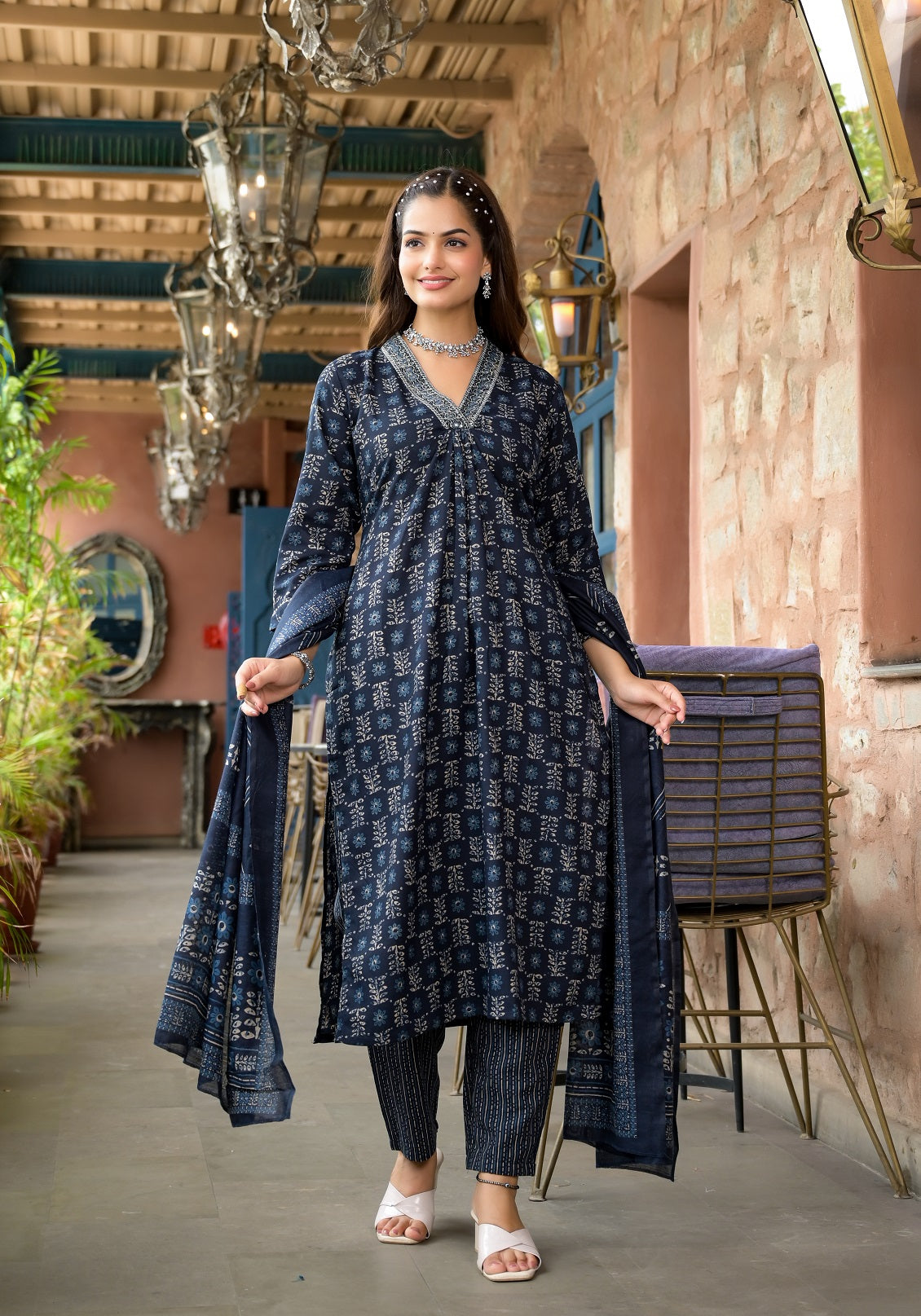 Lyush Women Party Wear Flower Printed Kurta With Pant And Dupatta Set - Navy Blue