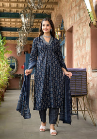 Thumbnail for Lyush Women Party Wear Flower Printed Kurta With Pant And Dupatta Set - Navy Blue