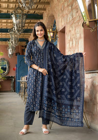 Thumbnail for Lyush Women Party Wear Flower Printed Kurta With Pant And Dupatta Set - Navy Blue