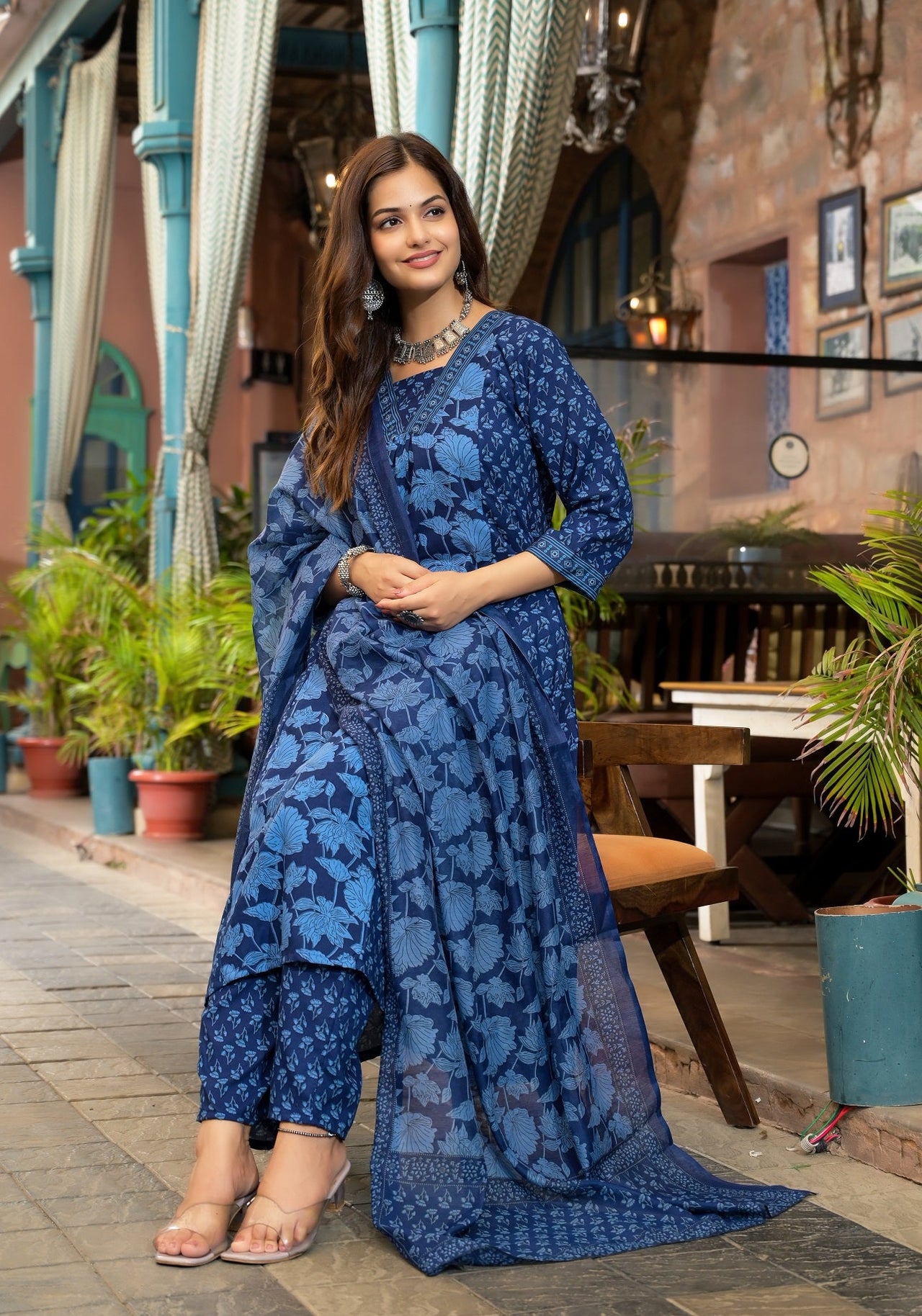 Lyush Women Party Wear Flower Printed Kurta With Pant And Dupatta Set - Blue