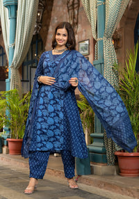 Thumbnail for Lyush Women Party Wear Flower Printed Kurta With Pant And Dupatta Set - Blue