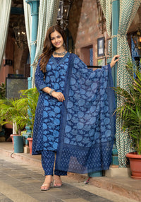 Thumbnail for Lyush Women Party Wear Flower Printed Kurta With Pant And Dupatta Set - Blue