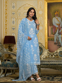 Thumbnail for Lyush Women Party Wear Flower Printed Kurta With Pant And Dupatta Set - Sky Blue
