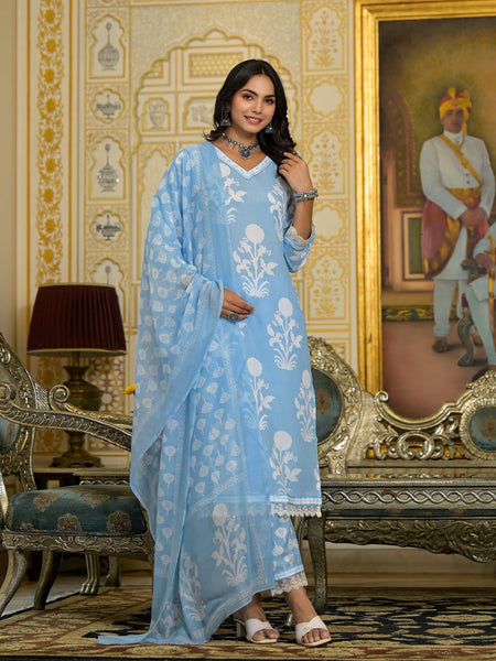 Lyush Women Party Wear Flower Printed Kurta With Pant And Dupatta Set - Sky Blue