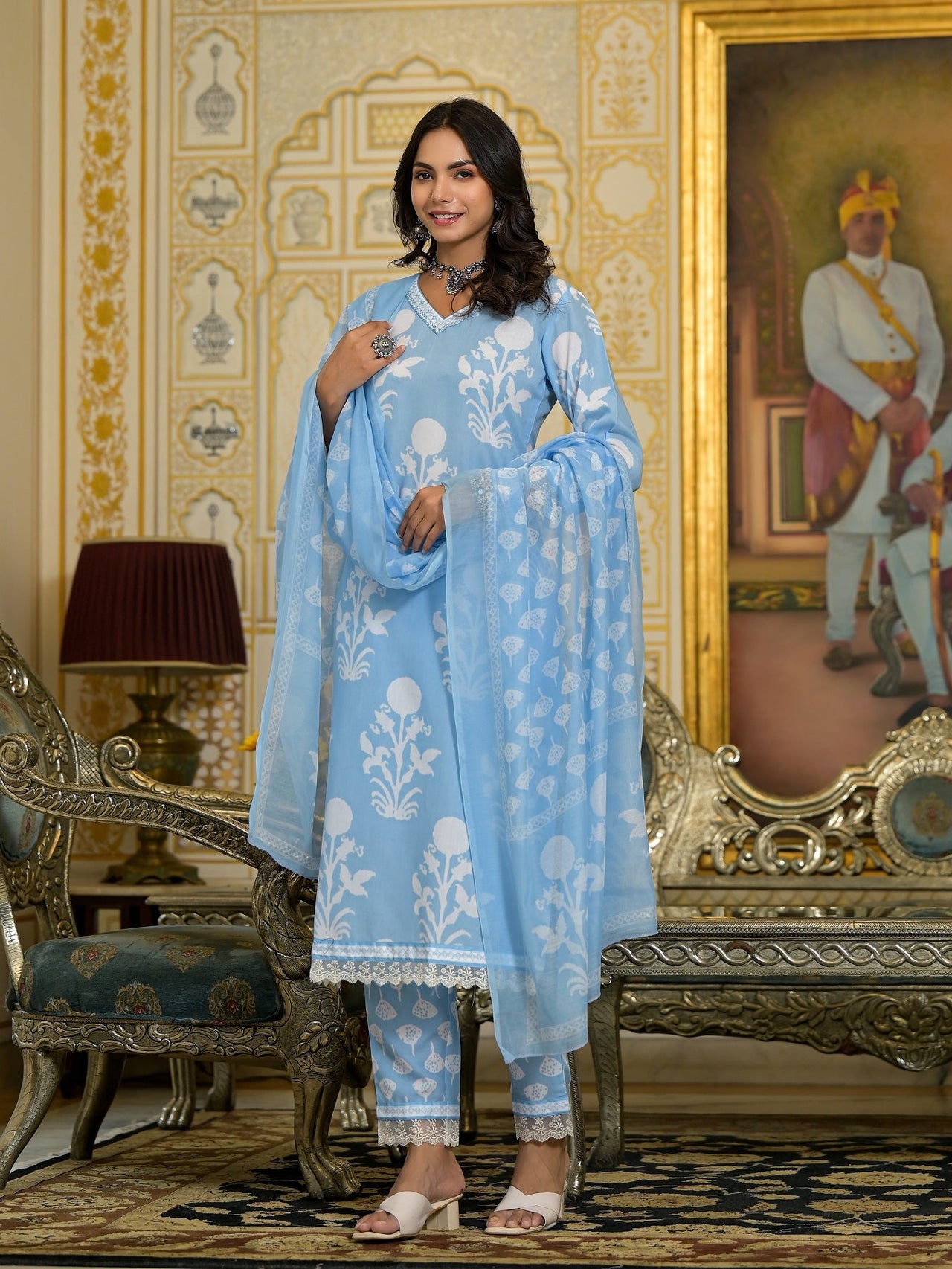 Lyush Women Party Wear Flower Printed Kurta With Pant And Dupatta Set - Sky Blue