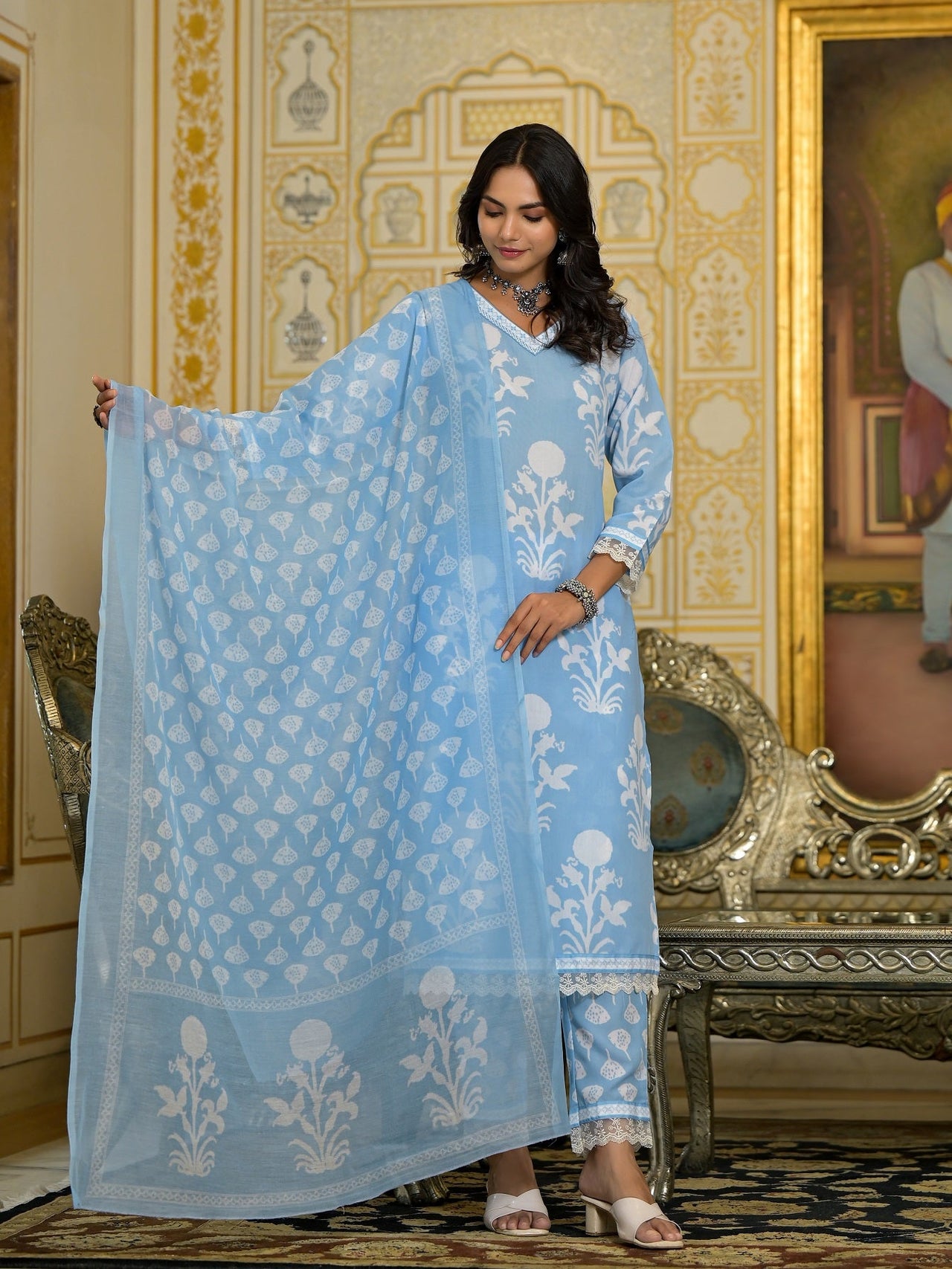 Lyush Women Party Wear Flower Printed Kurta With Pant And Dupatta Set - Sky Blue