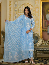 Thumbnail for Lyush Women Party Wear Flower Printed Kurta With Pant And Dupatta Set - Sky Blue