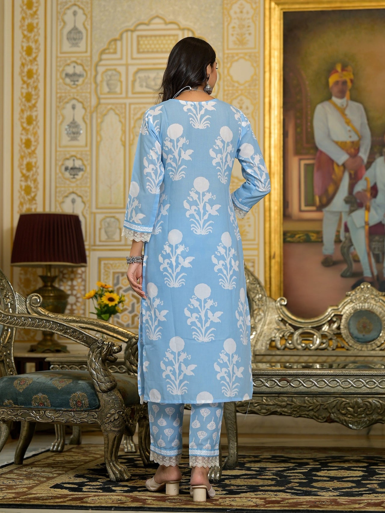 Lyush Women Party Wear Flower Printed Kurta With Pant And Dupatta Set - Sky Blue