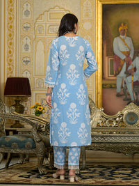 Thumbnail for Lyush Women Party Wear Flower Printed Kurta With Pant And Dupatta Set - Sky Blue