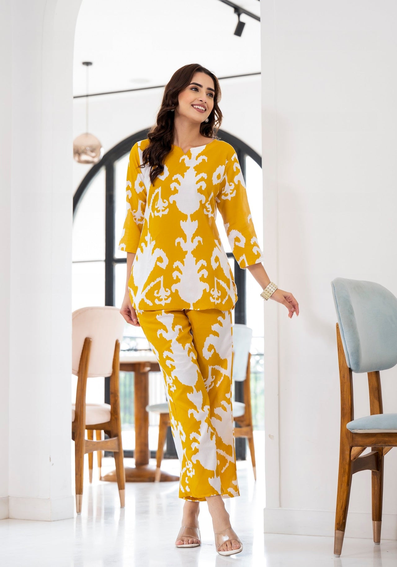 Lyush Women Party Wear Flower Printed Co-Ord Set Top With Bottom - Yellow