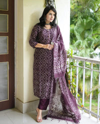Thumbnail for Lyush Women Party Wear Flower Printed Kurta With Pant And Dupatta Set - Purple
