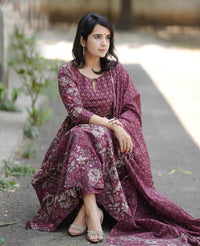 Thumbnail for Lyush Women Party Wear Flower Printed Kurta With Pant And Dupatta Set - Purple