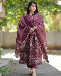 Thumbnail for Lyush Women Party Wear Flower Printed Kurta With Pant And Dupatta Set - Purple