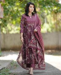 Thumbnail for Lyush Women Party Wear Flower Printed Kurta With Pant And Dupatta Set - Purple