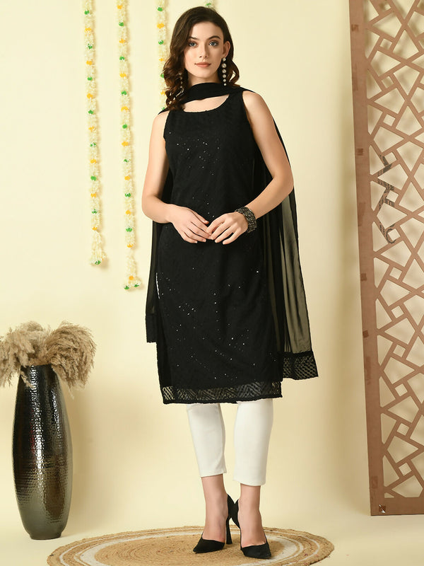 Myshka Women's Black Georgette Sleeveless Straight Party Kurta With Dupatta Set - Distacart