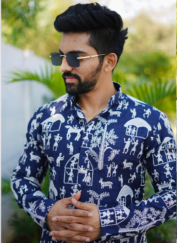 Prazu Fashion Blue Lucknowi Silk Kurta With Pajama