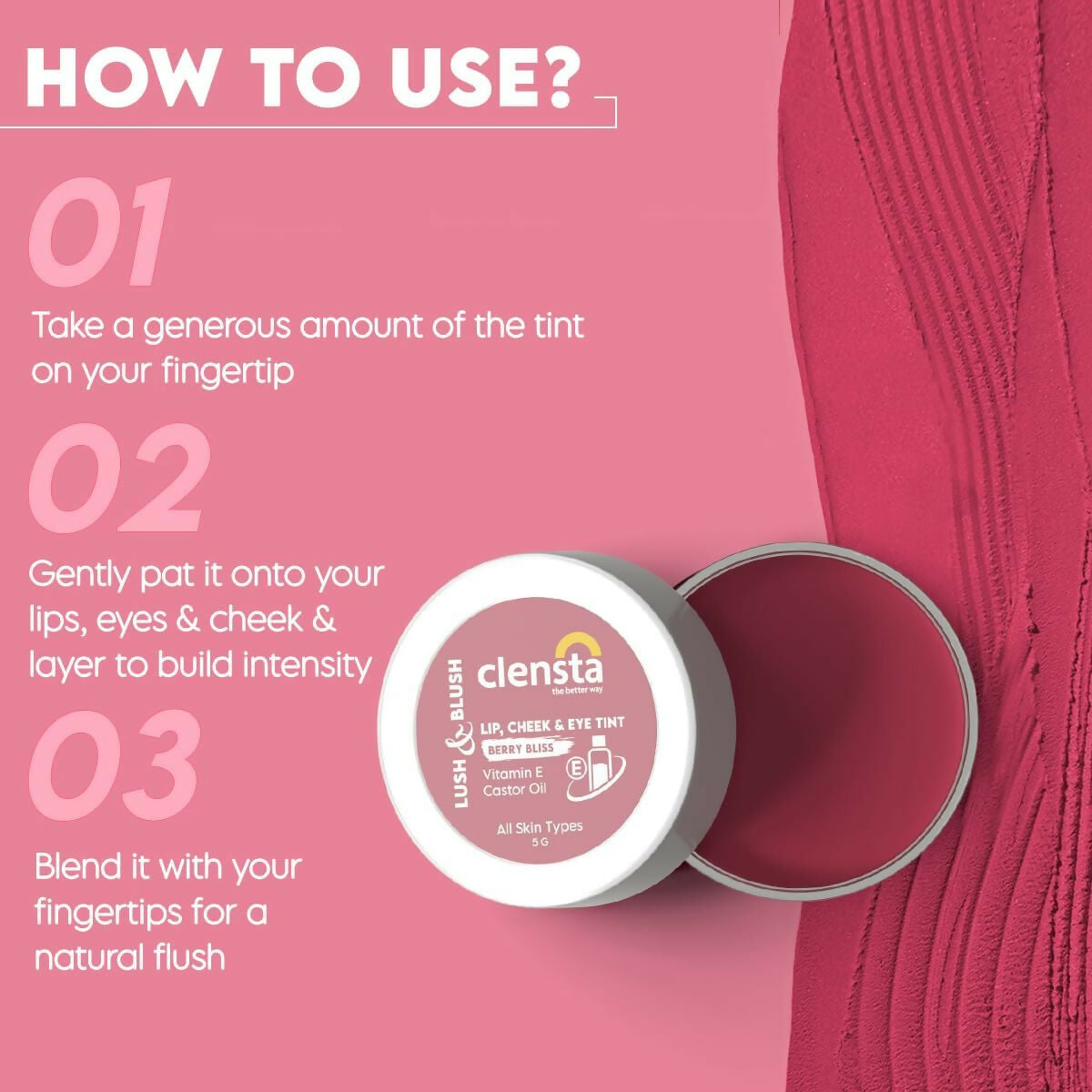 Clensta Lip Cheek Tint - Berry Bliss with Goodness of Vitamin E & Castor Oil - Distacart