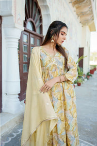 Thumbnail for Vaasva Women Yellow Muslin Embroidered Kurta, Pant & Dupatta Set - Distacart