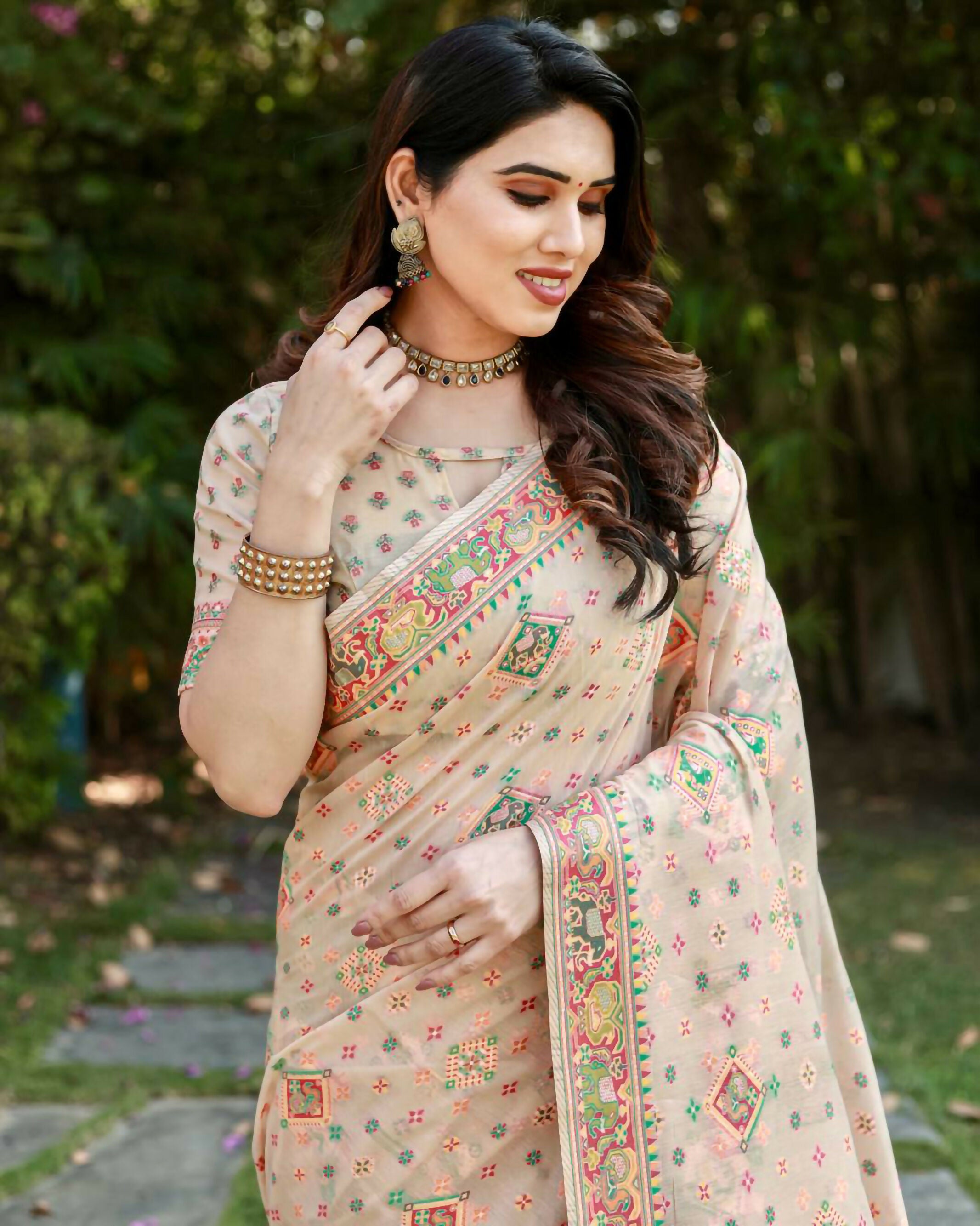 Vastranavya Luxury and Beautiful Soft, Smooth, Flowing Original Pashmina Soft Cotton Saree with Matching Blouse Fabric - Beige - Distacart