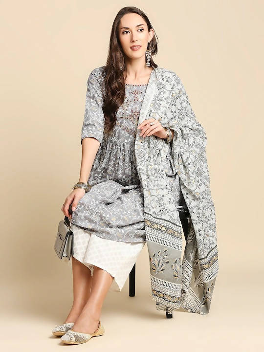 Anubhutee Grey & Red Pure Cotton Floral Printed A-Line Kurta with Trousers & Dupatta - Distacart
