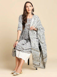Thumbnail for Anubhutee Grey & Red Pure Cotton Floral Printed A-Line Kurta with Trousers & Dupatta - Distacart