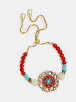 Thumbnail for NVR Women & Men Set of 2 Red-colored Stone-Studded & Beaded Bhaiya Bhabhi Rakhi With Roli Chawal & Chocolate - Distacart