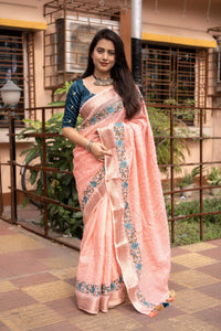 Thumbnail for Pink Pure Linen Woven Design Saree with Unstitched Blouse - A2M