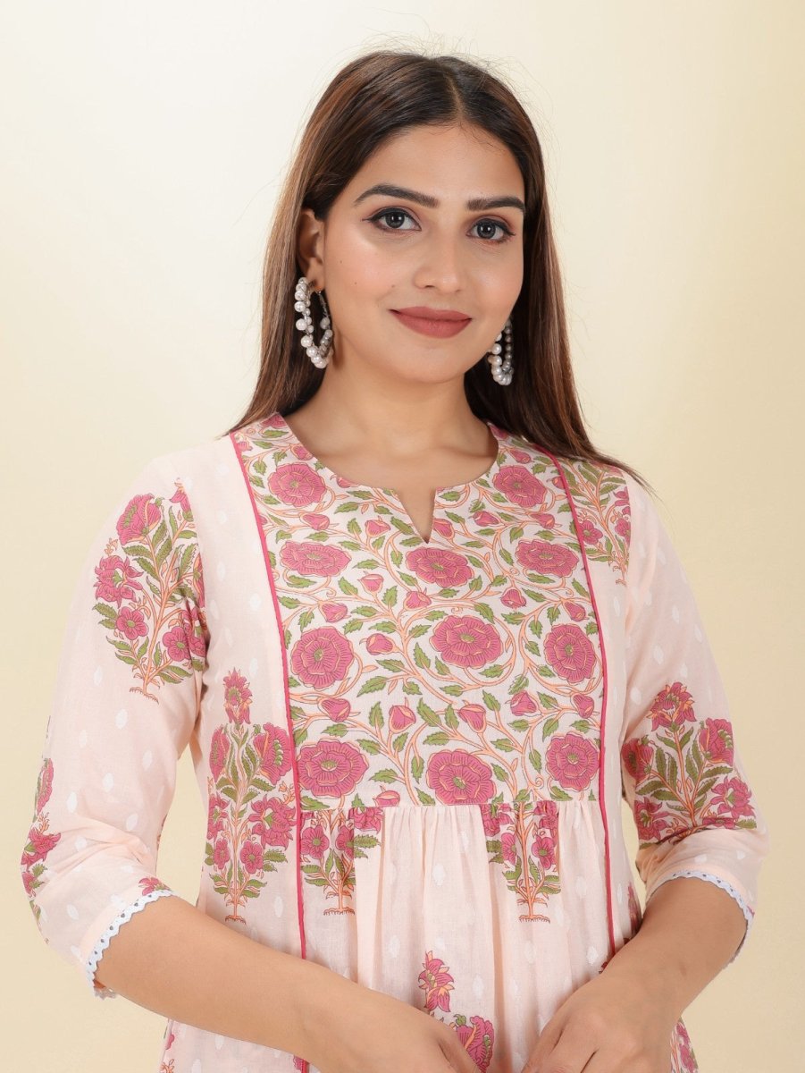 Aramya Panelled Soft Cotton Butti Print Women's Kurta - Pink - Distacart