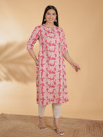 Thumbnail for Aramya Straight Linen Cotton Floral Print Women's Kurta Set - Pink - Distacart