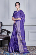 Thumbnail for Morchari Dark Blue Script Printed Orzanga Saree Unstitched Blouse