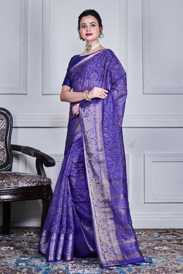 Morchari Dark Blue Script Printed Orzanga Saree Unstitched Blouse