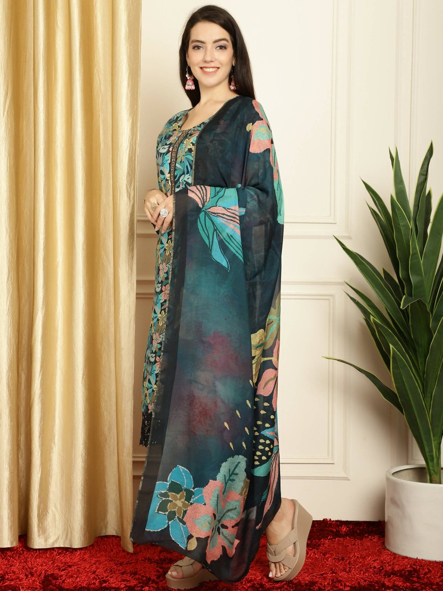 Aastha Fashion Women's Navy Blue Muslin Digital Printed with Embroidered Lace work Kurta with Trouser & Dupatta - Distacart