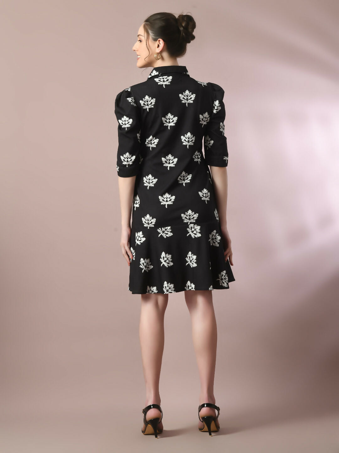 Myshka Women's Black Printed Shirt Collar Fit and Flare Party Dress - Distacart