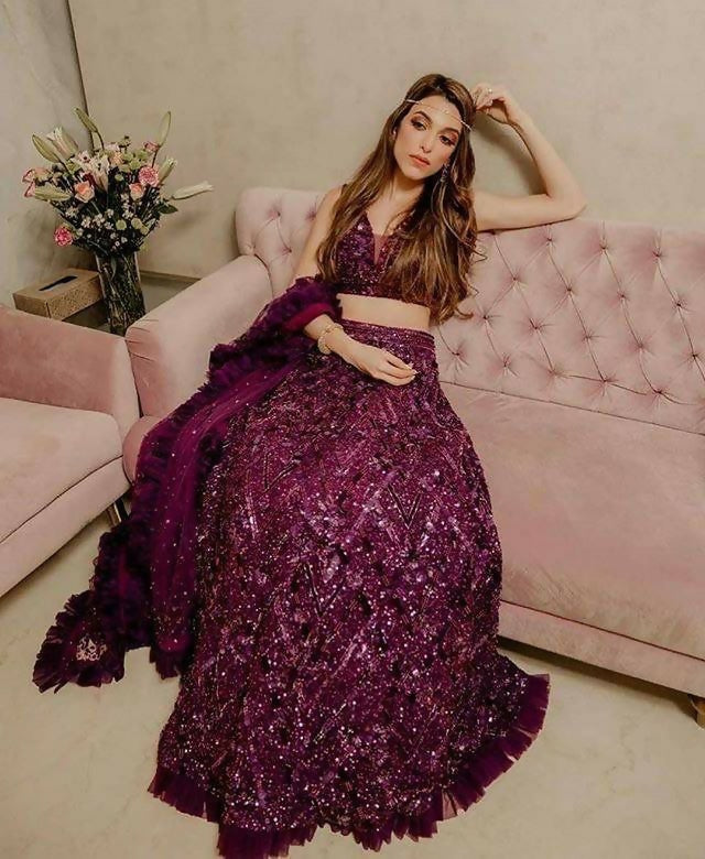 Jyoti Fashion Women's Wine Velvet Thread with Sequins & Ruffle Border Work Designer Lehenga Choli Set