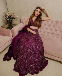 Thumbnail for Jyoti Fashion Women's Wine Velvet Thread with Sequins & Ruffle Border Work Designer Lehenga Choli Set