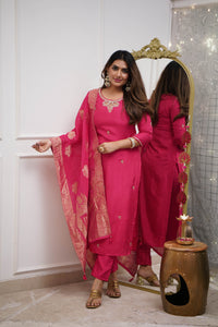 Thumbnail for Lyush Women Party Wear Embroidery Worked Kurta With Pant And Dupatta Set - Pink