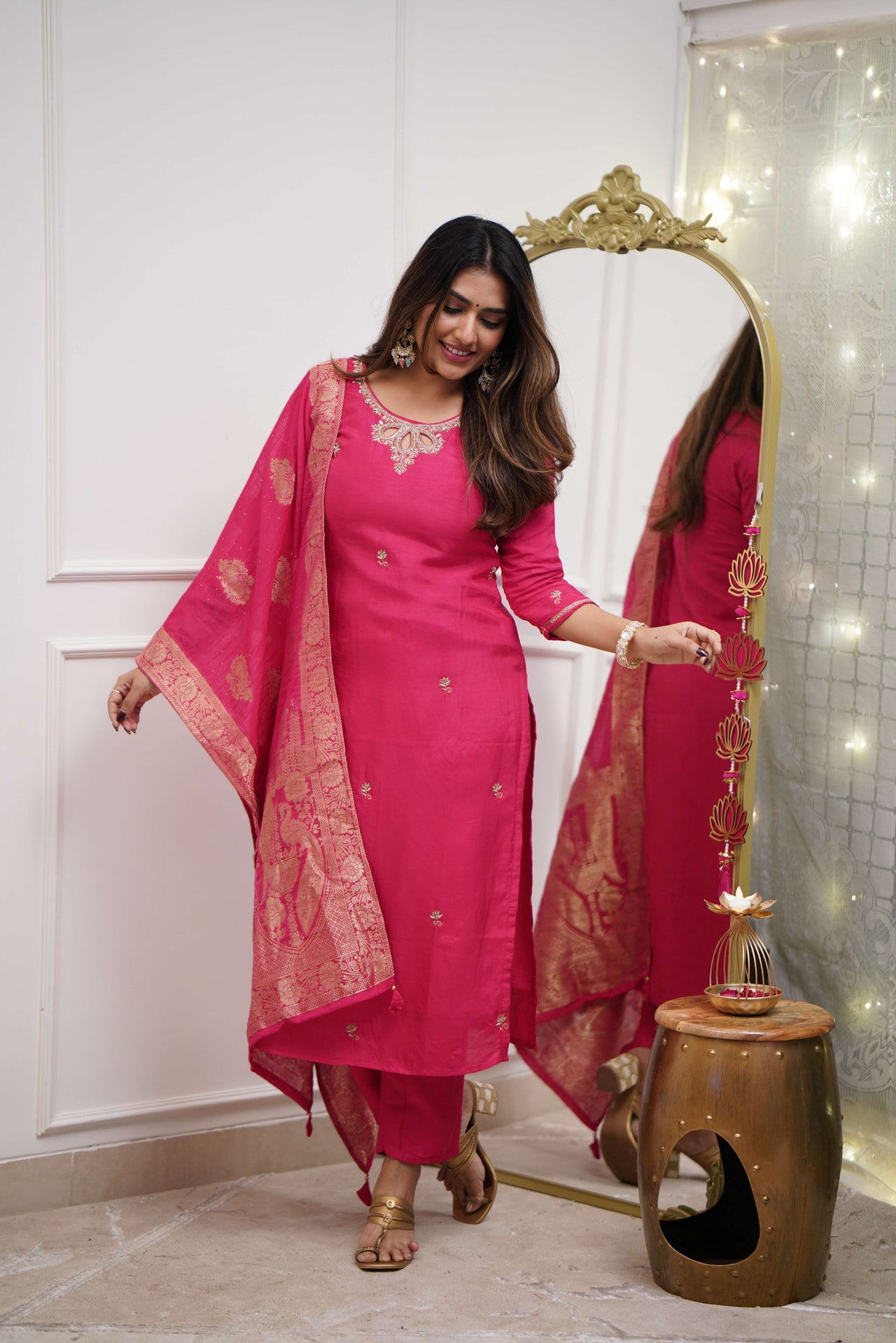 Lyush Women Party Wear Embroidery Worked Kurta With Pant And Dupatta Set - Pink