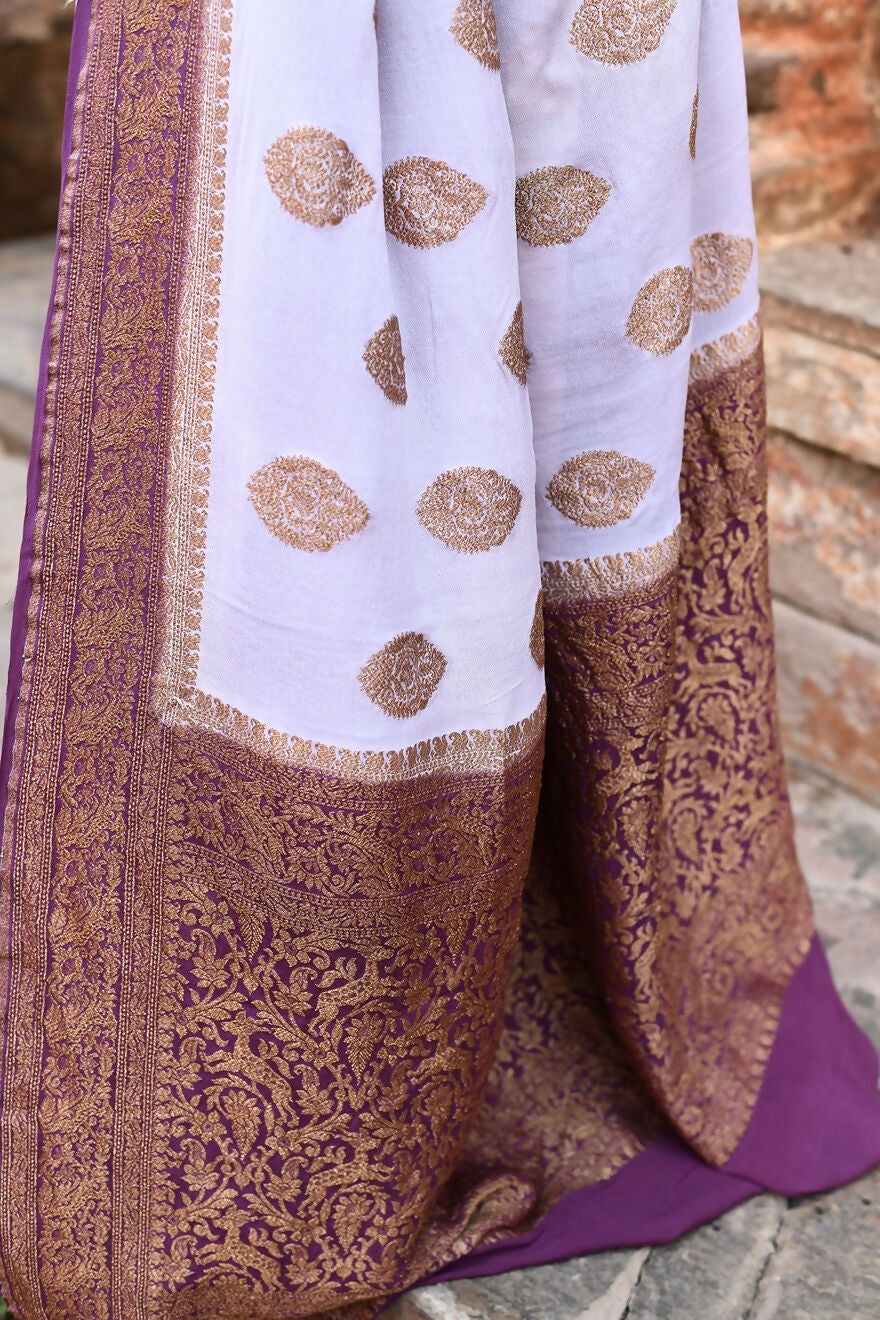Joban Fashion Light Purple Crepe Chiffon Pure Handloom Banarasi Silk Saree
