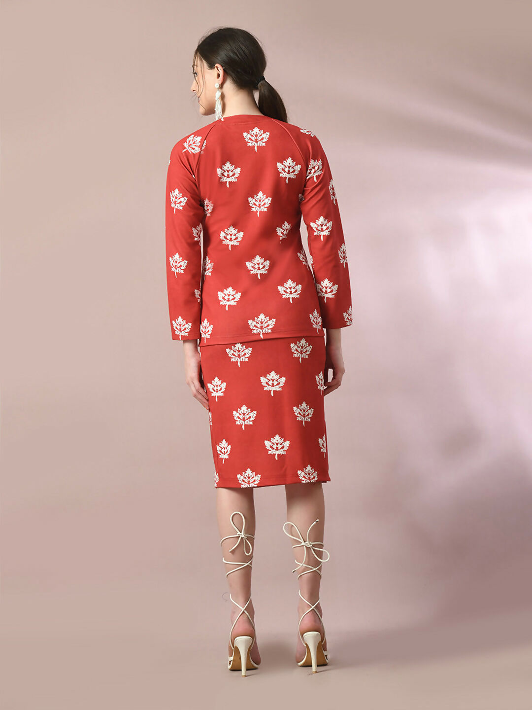 Myshka Women's Rust Printed Round Neck Party Top With Skirt Co-ord set - Distacart