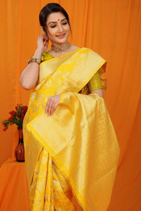 Thumbnail for Aastha Fashion Yellow Woven Banarasi Silk Saree with Blouse - Distacart