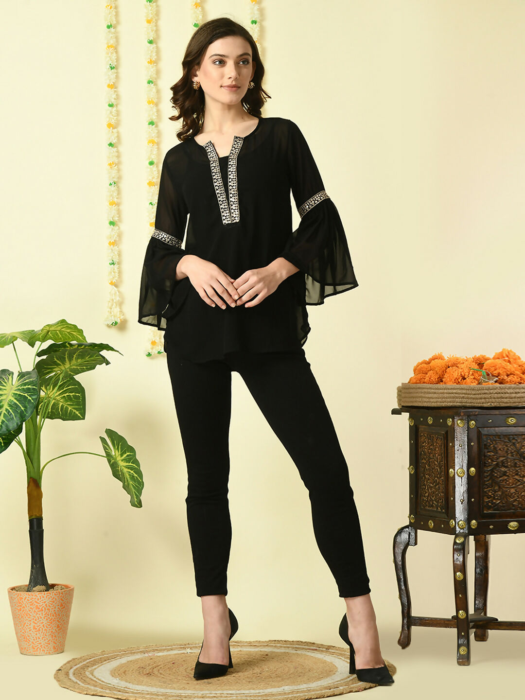 Myshka Women's Black Embroidered Party Fusion Top - Distacart