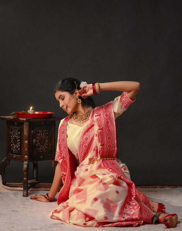 Joban Fashion Cream Silk Woven Durga Puja Saree