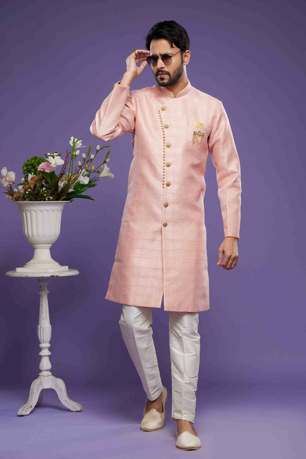 Raivat Ethnic Banarasi Jacquard Embroidery Semi Indo Western Sherwani In Pink Colour