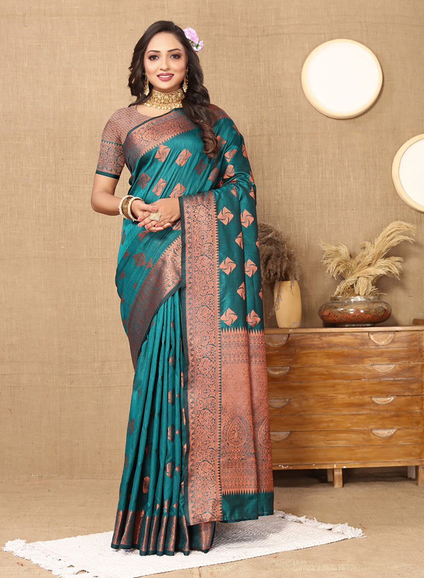 Lorenvalley Fashion Teal Soft Katan Silk Woven Design Copper Zari Weaving Saree