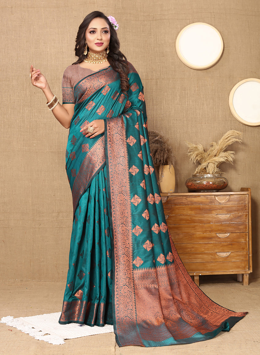 Lorenvalley Fashion Teal Soft Katan Silk Woven Design Copper Zari Weaving Saree